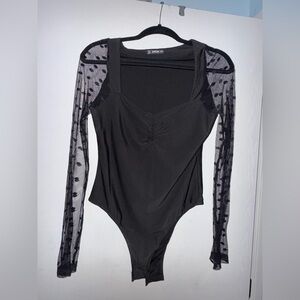 SHEIN Black Bodysuit with Mesh Polka Dot Sleeves